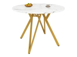 Mesa de comedor redonda de 100 cm con tablero de MDF efecto mármol y patas de metal dorado - para cocina y salón