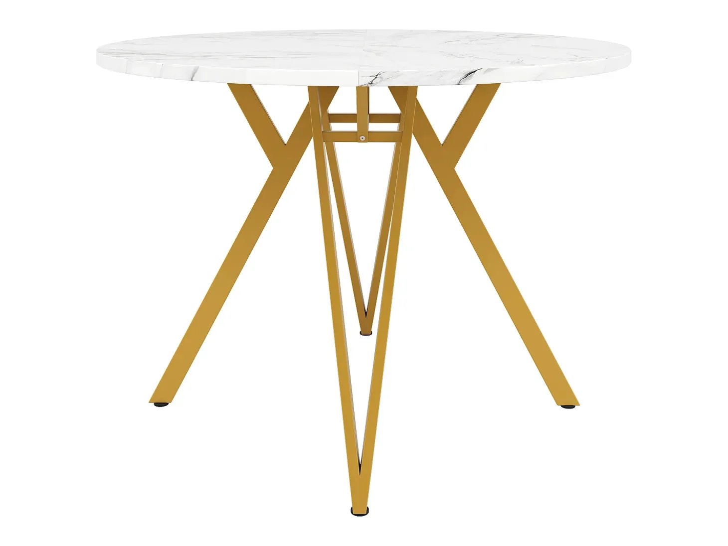 Mesa de comedor redonda de 100 cm con tablero de MDF efecto mármol y patas de metal dorado - para cocina y salón