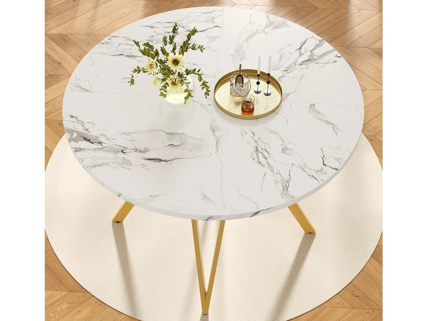 Mesa de comedor redonda de 100 cm con tablero de MDF efecto mármol y patas de metal dorado - para cocina y salón