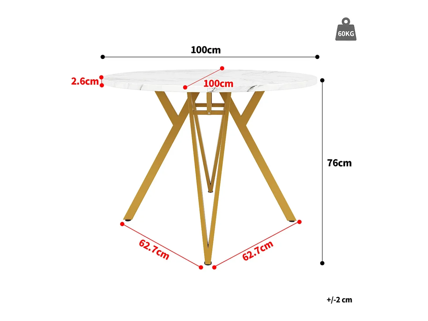 Mesa de comedor redonda de 100 cm con tablero de MDF efecto mármol y patas de metal dorado - para cocina y salón