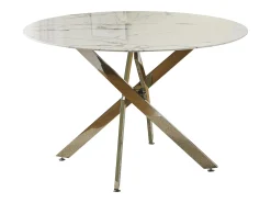 Mesa de comedor redonda de vidrio templado - Efecto mármol blanco y metal cromado – 4 personas – CHIARA