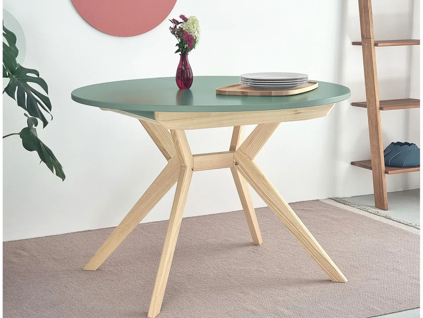 Mesa de comedor redonda extensible 110cm Biju Blanco Tiza Roble