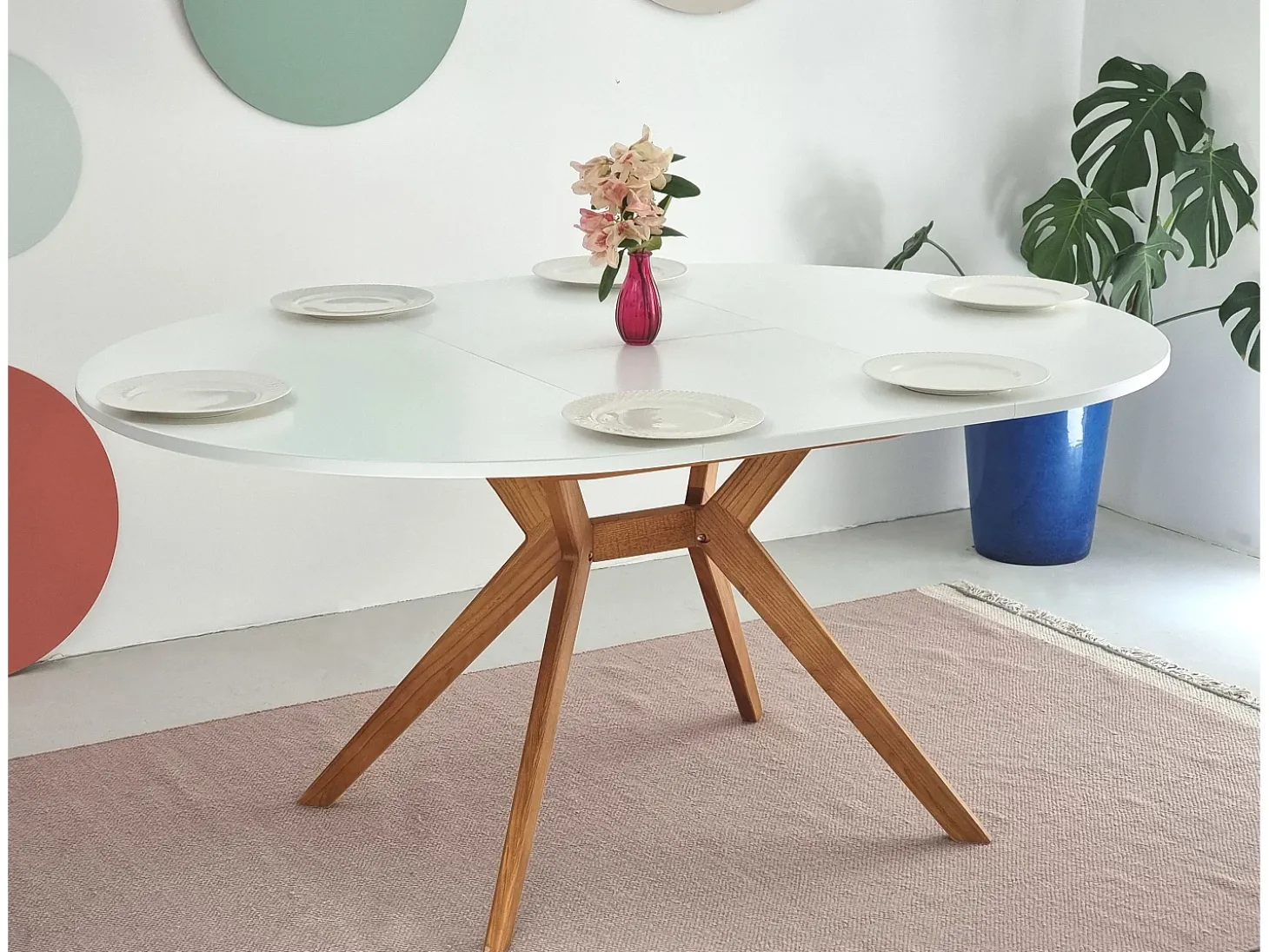 Mesa de comedor redonda extensible 110cm Biju Blanco Tiza Roble
