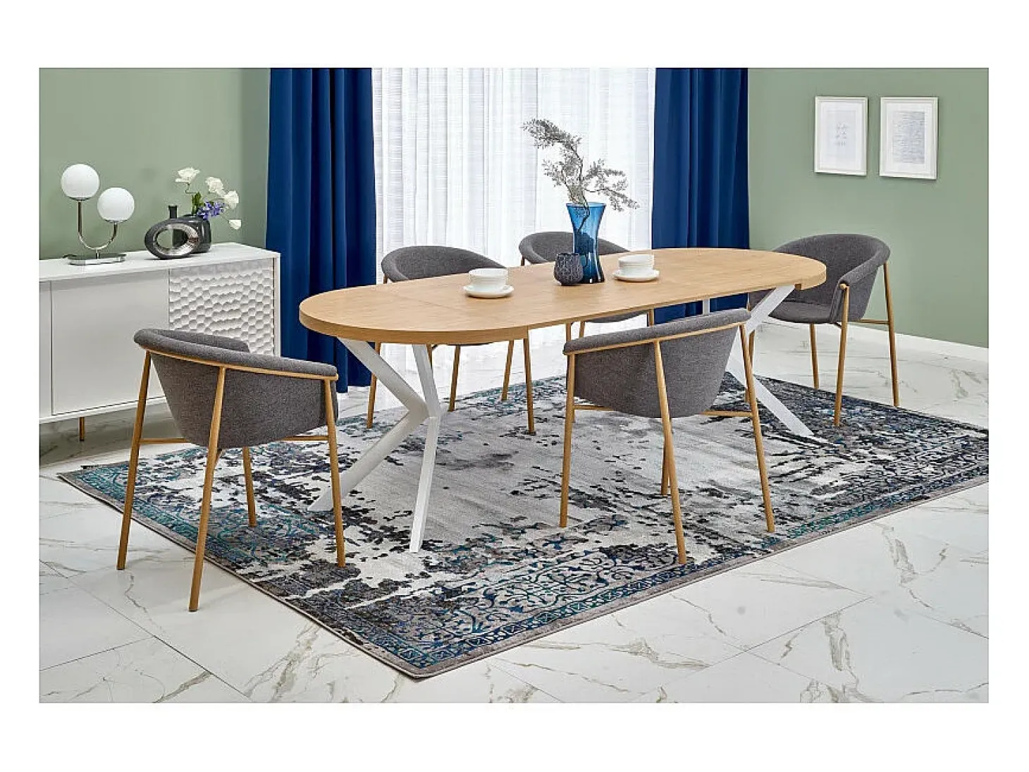 Mesa de comedor redonda extensible NORMA blanca y roble 100-250cm