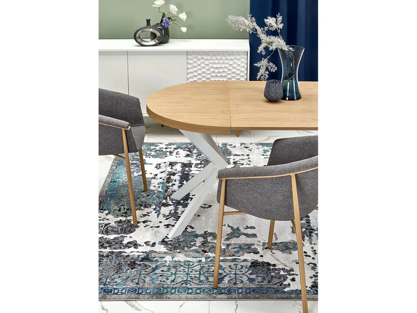 Mesa de comedor redonda extensible NORMA blanca y roble 100-250cm