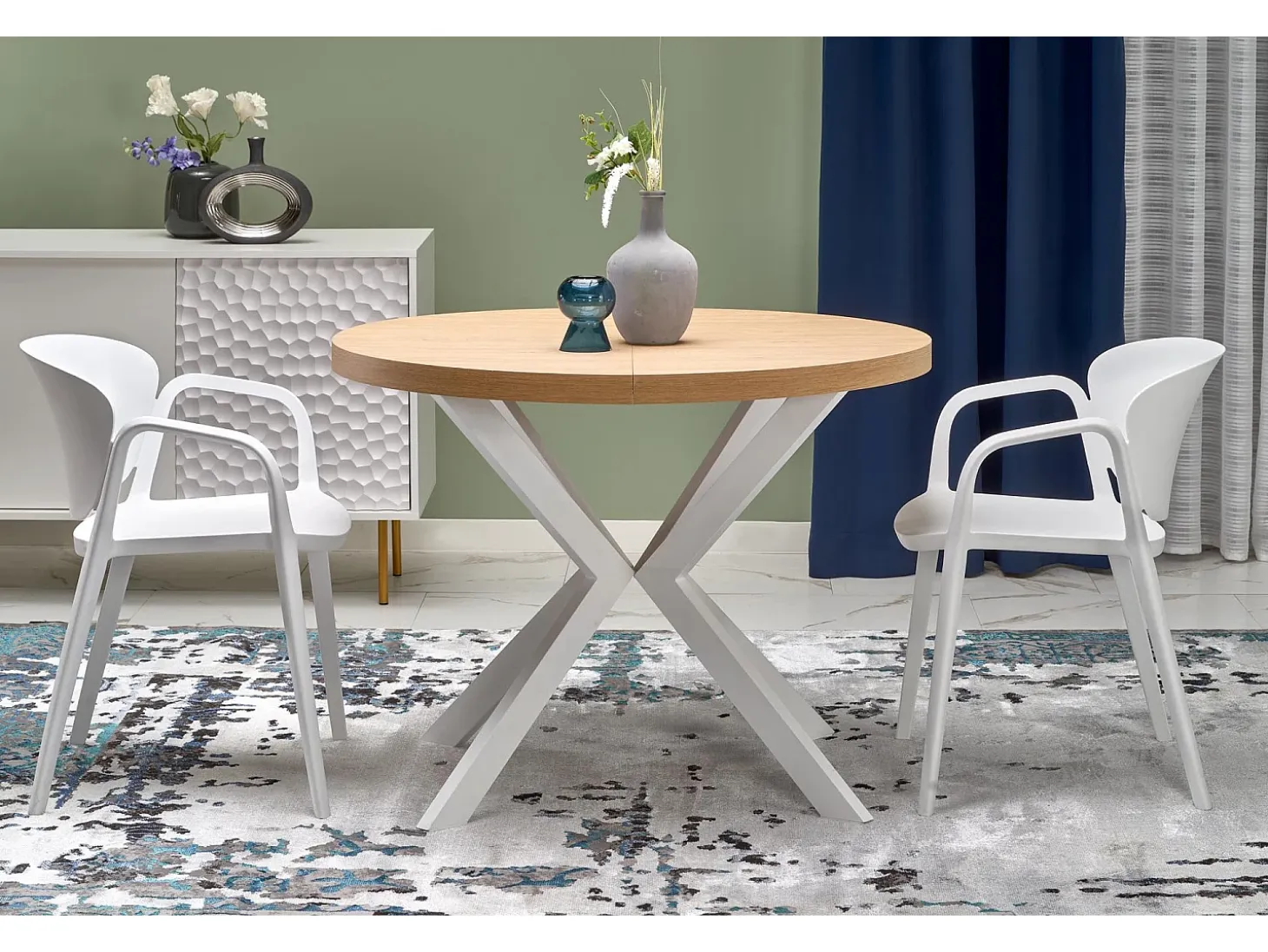 Mesa de comedor redonda extensible NORMA blanca y roble 100-250cm