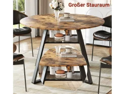 Mesa de comedor redonda industrial de 120 cm, estilo vintage, con estante de almacenamiento, para 4-6 personas, para cocina y comedor.