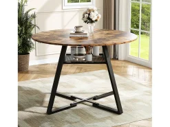 Mesa de comedor redonda industrial de 120 cm, estilo vintage, con estante de almacenamiento, para 4-6 personas, para cocina y comedor.
