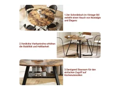 Mesa de comedor redonda industrial de 120 cm, estilo vintage, con estante de almacenamiento, para 4-6 personas, para cocina y comedor.