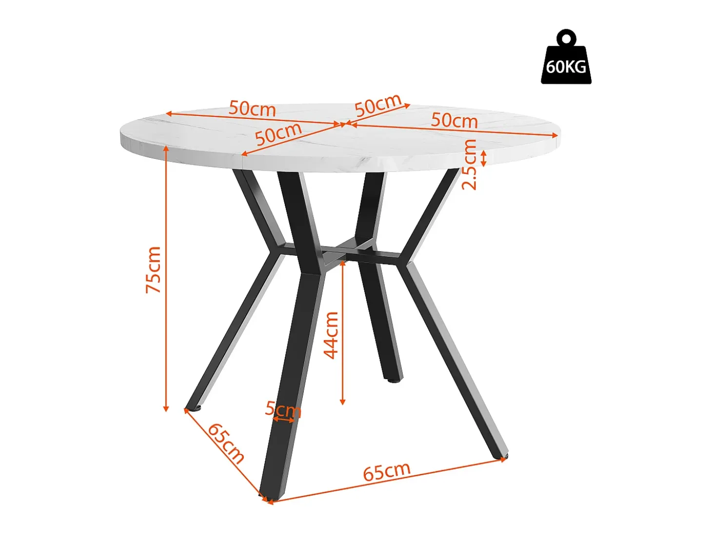 Mesa de comedor redonda moderna y sencilla, 100 x 75 cm, aspecto mármol, con base de metal, color negro