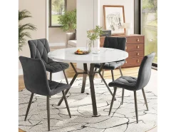 Mesa de comedor redonda moderna y sencilla, 100 x 75 cm, aspecto mármol, con base de metal, color negro