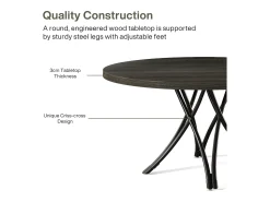 Mesa de comedor redonda, mesa de cocina redonda, mesa de comedor moderna de madera con patas cruzadas de metal resistentes, de color negro.