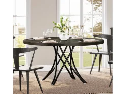 Mesa de comedor redonda, mesa de cocina redonda, mesa de comedor moderna de madera con patas cruzadas de metal resistentes, de color negro.