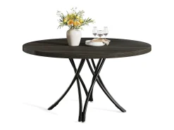 Mesa de comedor redonda, mesa de cocina redonda, mesa de comedor moderna de madera con patas cruzadas de metal resistentes, de color negro.