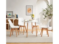 Mesa de Comedor Redonda Moderna Lacada Blanca Mate 80x80 cm - Patas de Haya