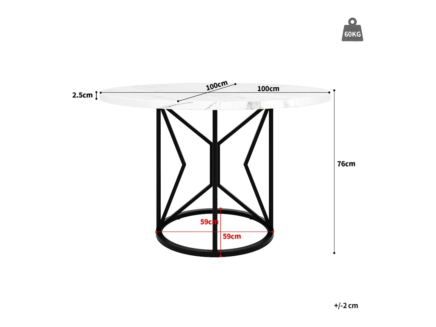 Mesa de comedor redonda moderna para 4-6 personas - patas de metal negro - blanco (100x100x76 cm)