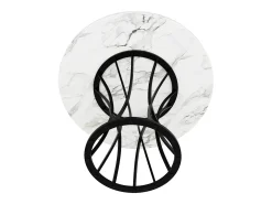 Mesa de comedor redonda para 4 personas con tapa chapada en mármol blanco y patas de metal negro.