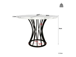 Mesa de comedor redonda para 4 personas con tapa chapada en mármol blanco y patas de metal negro.