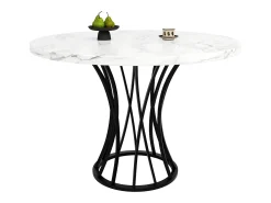 Mesa de comedor redonda para 4 personas con tapa chapada en mármol blanco y patas de metal negro.