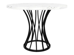 Mesa de comedor redonda para 4 personas con tapa chapada en mármol blanco y patas de metal negro.