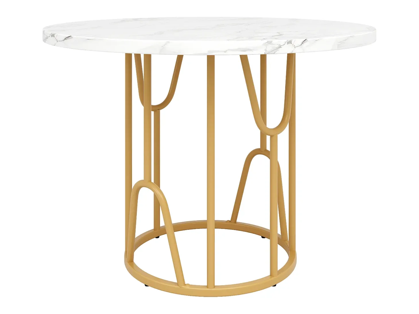 Mesa de comedor redonda para 2 personas, tapa chapada en mármol blanco con patas centrales de metal dorado - 80x80x76cm