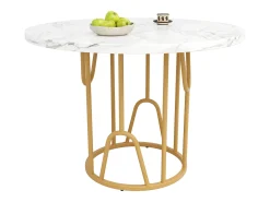 Mesa de comedor redonda para 2 personas, tapa chapada en mármol blanco con patas centrales de metal dorado - 80x80x76cm