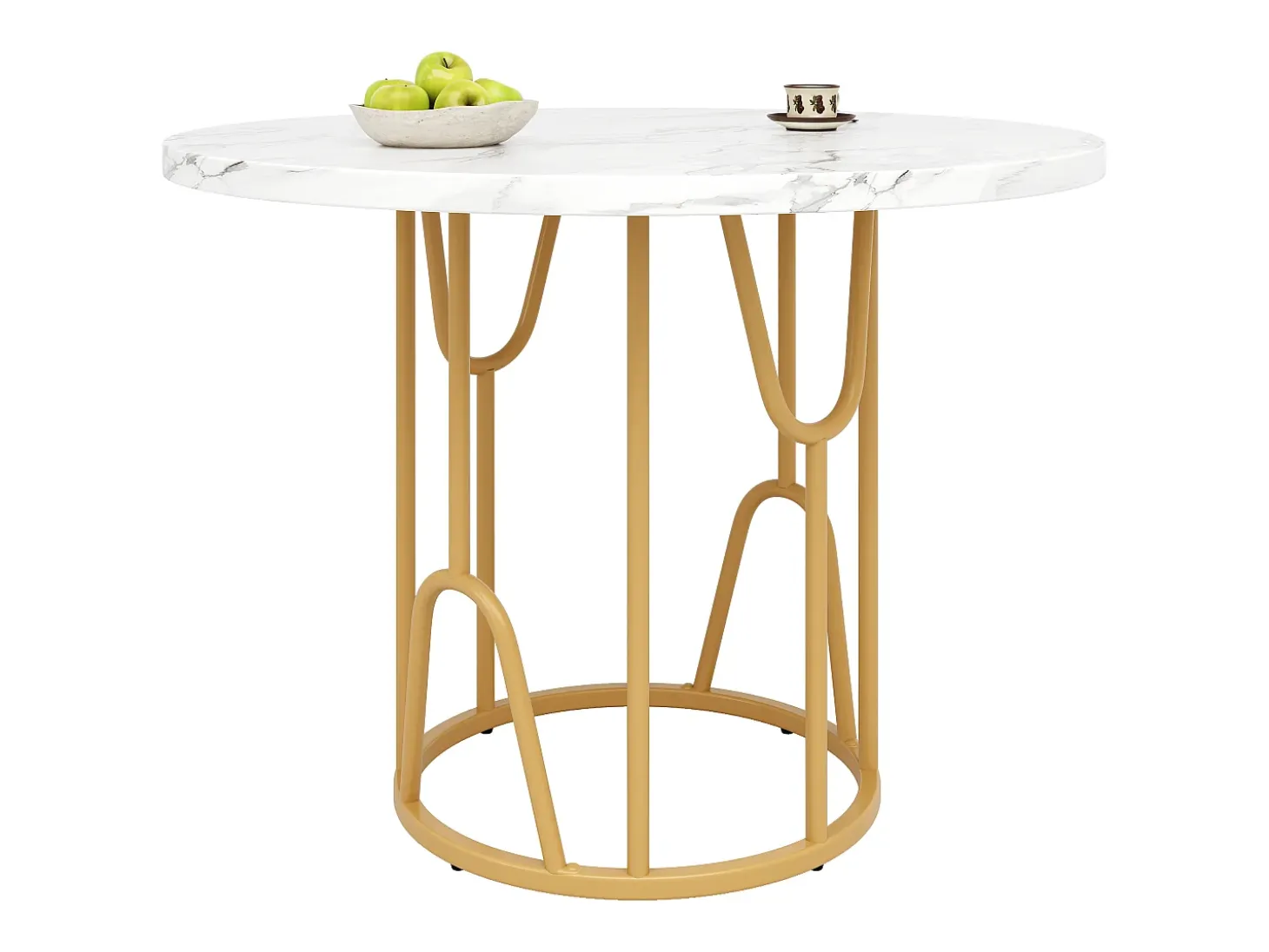 Mesa de comedor redonda para 2 personas, tapa chapada en mármol blanco con patas centrales de metal dorado - 80x80x76cm