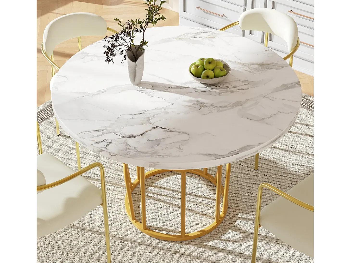 Mesa de comedor redonda para 2 personas, tapa chapada en mármol blanco con patas centrales de metal dorado - 80x80x76cm