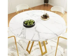 Mesa de comedor redonda para 4-6 personas - patas de metal dorado - blanco (100x100x76 cm)