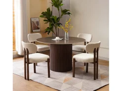 Mesa de comedor redonda para 4 personas - Tablero de cerámica efecto nogal - Natural oscuro - ESME