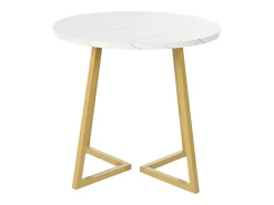 Mesa de comedor redonda para 4 personas en MDF, tapa chapada en mármol blanco, patas de metal dorado.