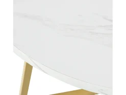 Mesa de comedor redonda para 4 personas en MDF, tapa chapada en mármol blanco, patas de metal dorado.