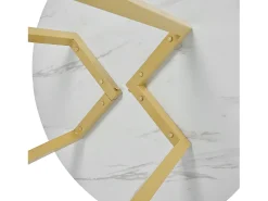 Mesa de comedor redonda para 4 personas en MDF, tapa chapada en mármol blanco, patas de metal dorado.