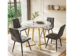 Mesa de comedor redonda para 4 personas en MDF, tapa chapada en mármol blanco, patas de metal dorado.