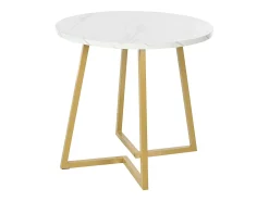 Mesa de comedor redonda para 4 personas en MDF, tapa chapada en mármol blanco, patas de metal dorado.