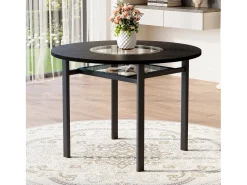 Mesa de comedor redonda para 2-4 personas - Tablero imitación madera negra - Cristal + metal + madera MDF