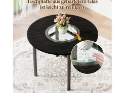 Mesa de comedor redonda para 2-4 personas - Tablero imitación madera negra - Cristal + metal + madera MDF
