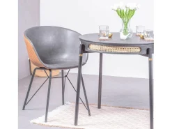 Mesa de comedor redonda retro con detalles en ratán natural (80cm) - North - Negro