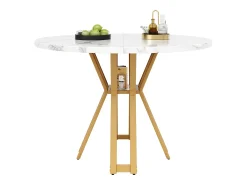 Mesa de comedor redonda (100x100x76cm), lujosa, para 4-6 personas, patas doradas, aspecto mármol