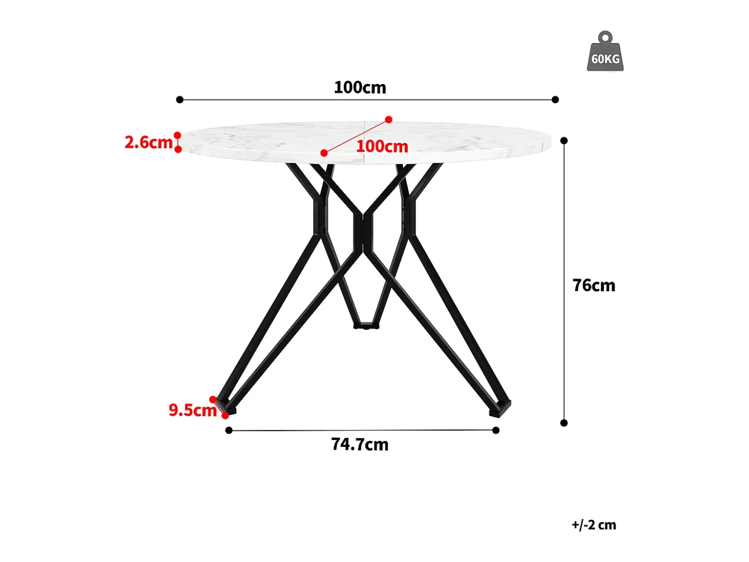 Mesa de comedor redonda 100x100x76cm con tablero chapado en mármol blanco, estructura regulable de metal negro.