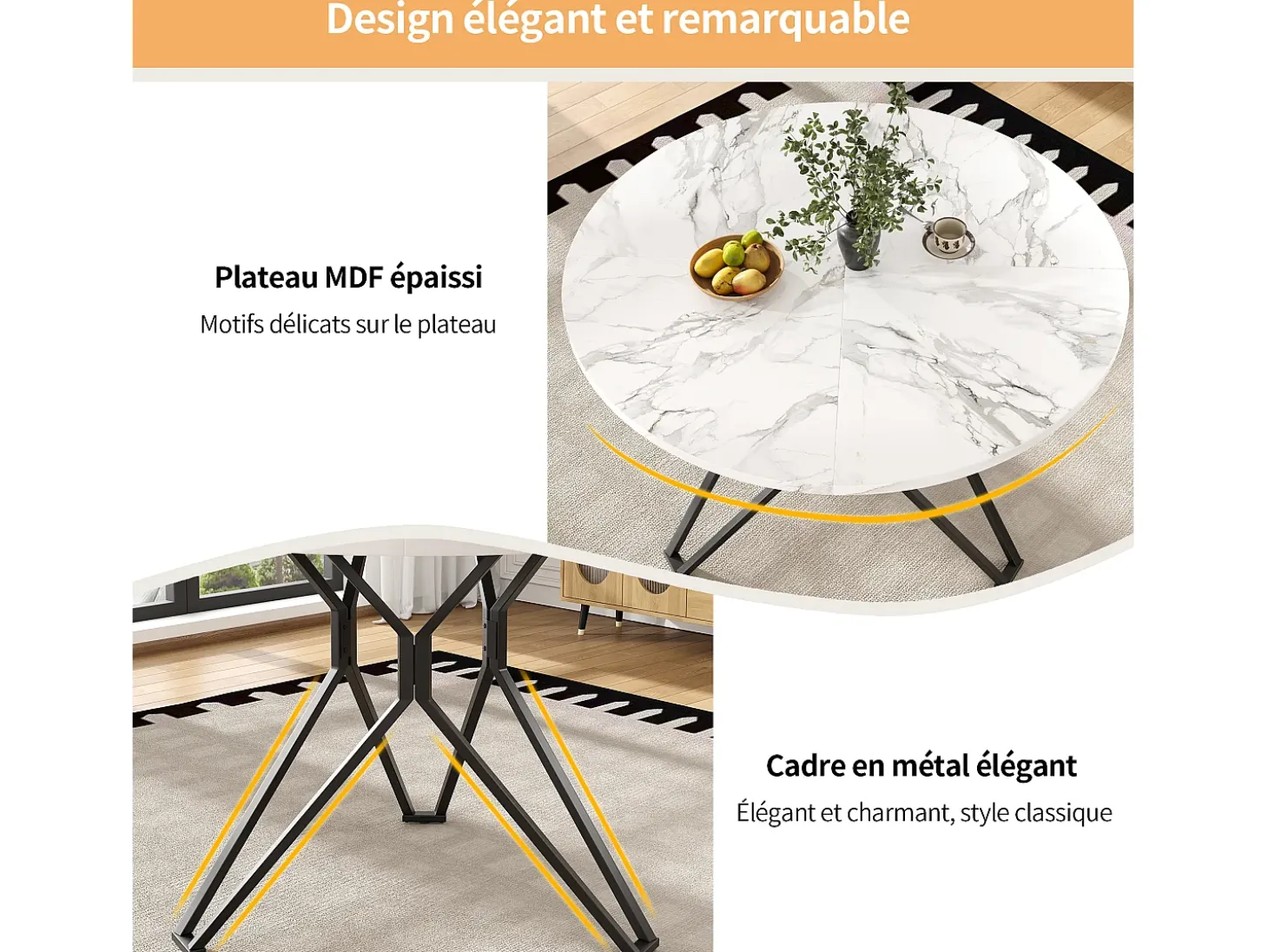 Mesa de comedor redonda 100x100x76cm con tablero chapado en mármol blanco, estructura regulable de metal negro.
