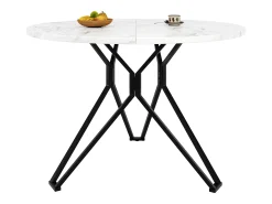 Mesa de comedor redonda 100x100x76cm con tablero chapado en mármol blanco, estructura regulable de metal negro.