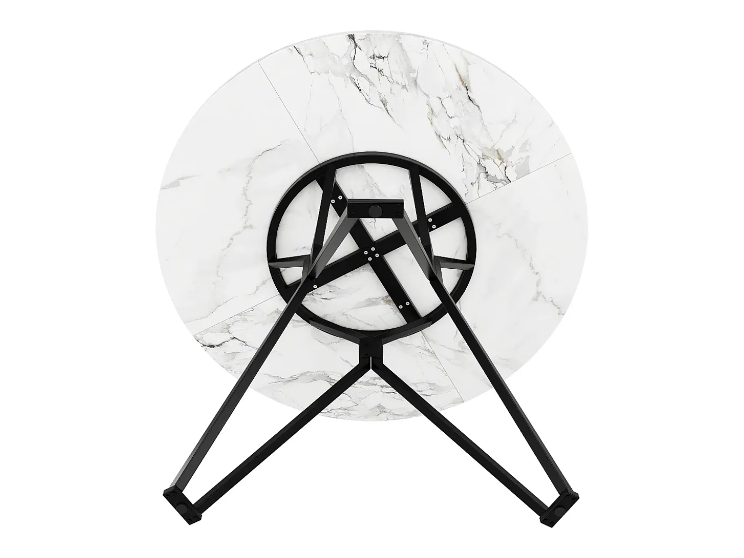 Mesa de comedor redonda 100x100x76cm con tablero chapado en mármol blanco, estructura regulable de metal negro.