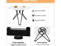 Mesa de comedor redonda 100x100x76cm con tablero chapado en mármol blanco, estructura regulable de metal negro.