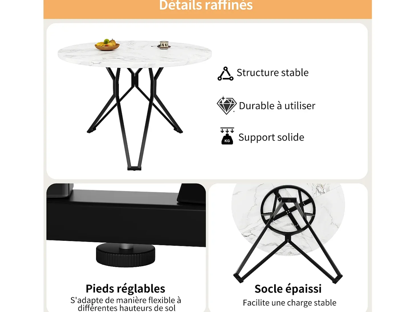 Mesa de comedor redonda 100x100x76cm con tablero chapado en mármol blanco, estructura regulable de metal negro.
