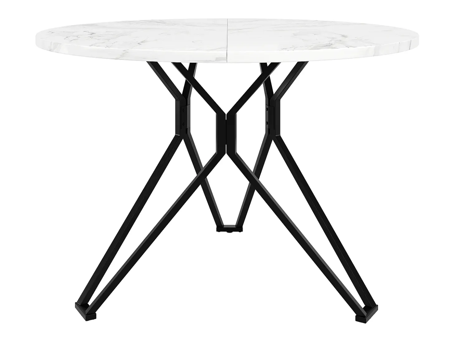 Mesa de comedor redonda 100x100x76cm con tablero chapado en mármol blanco, estructura regulable de metal negro.