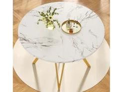 Mesa de comedor redonda 100x100x76cm con tapa chapada en mármol blanco, patas regulables de metal dorado