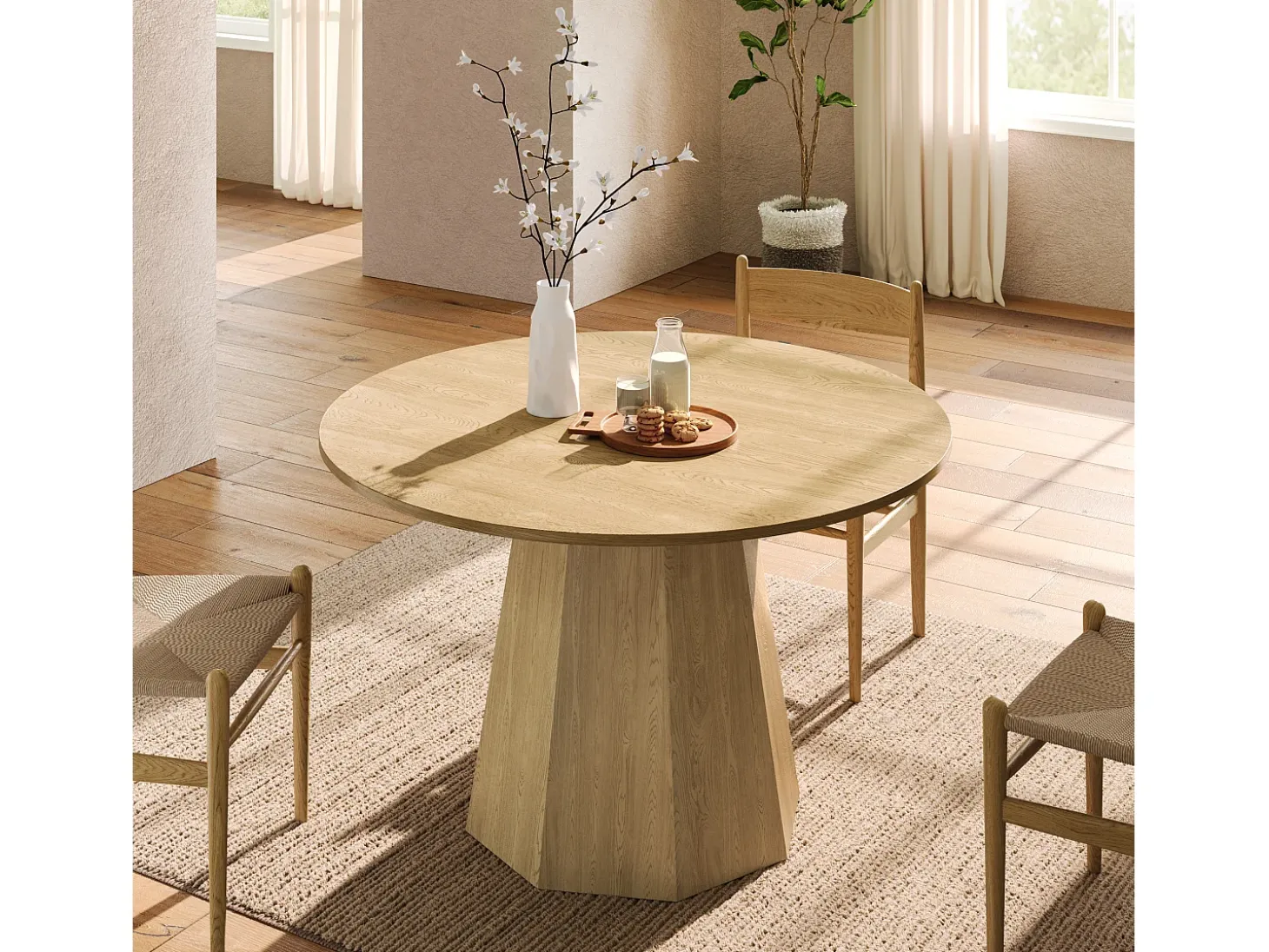 Mesa de comedor redonda 120x120x75cm - para 4 a 6 personas - Estilo nórdico minimalista - Chapa de roble - Natural
