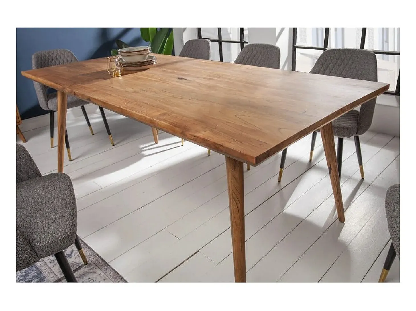 Mesa de comedor SCANI 160 cm – Tablero de madera maciza de acacia barnizada y estructura a juego