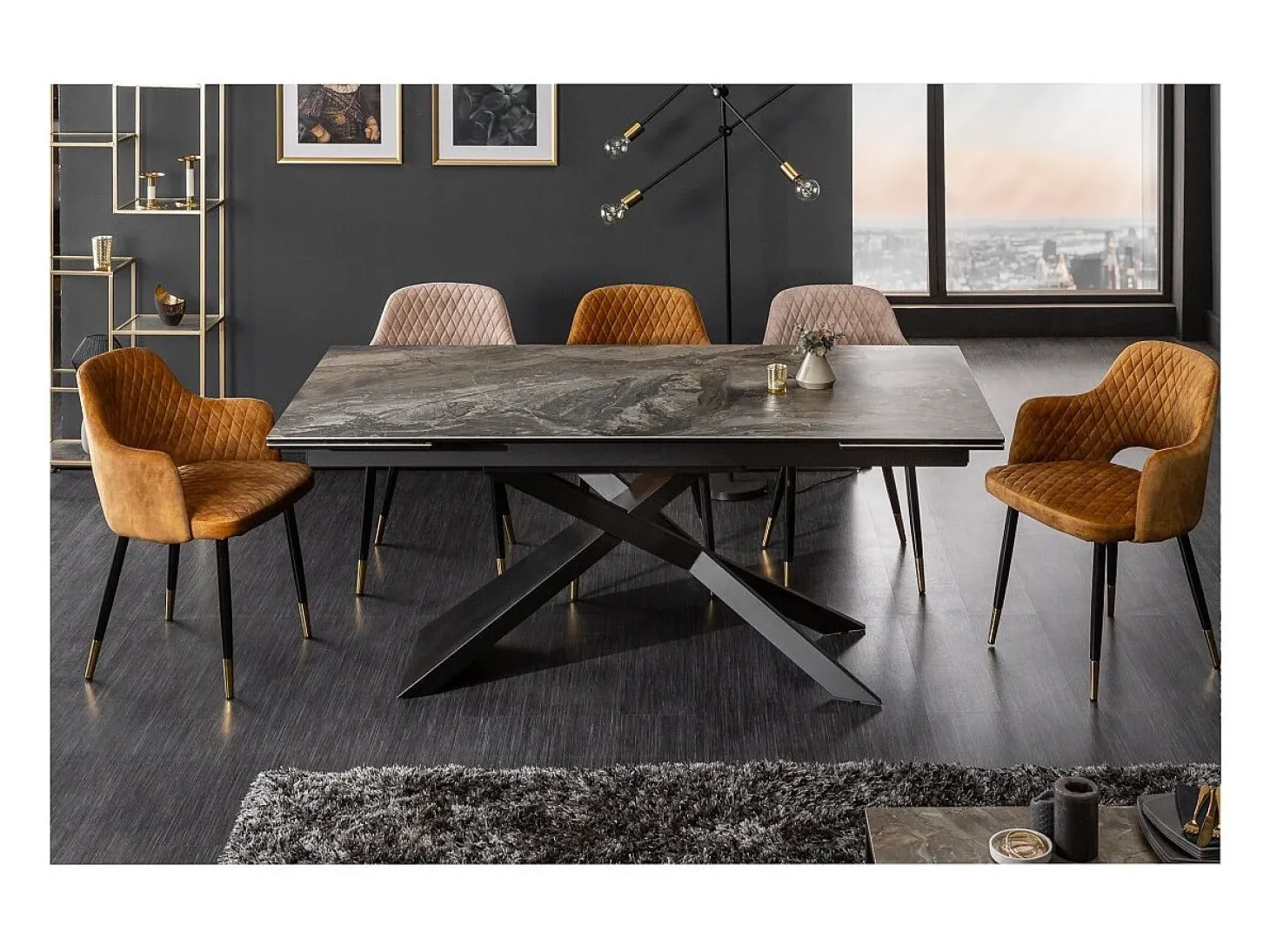 Mesa de comedor STELIX 180–220–260 cm – Tablero de cerámica efecto mármol y vidrio templado